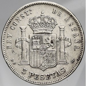 Španělsko, Alfonso XII. (1874-85). 5 peseta 1877 DE-M. KM-75. škr., hry
