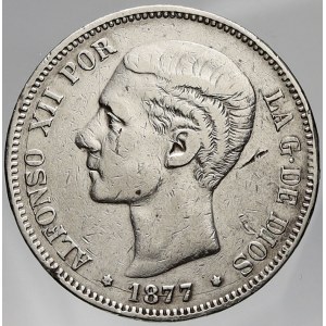 Španělsko, Alfonso XII. (1874-85). 5 peseta 1877 DE-M. KM-75. škr., hry
