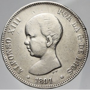 Španělsko, Alfonso XIII. (1886-1931). 5 peseta 1891 PG-M *91. KM-82. hry