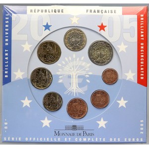 Evropa - sady oběhových mincí, Francie. 1c. - 2 € 2005. Původní papírový přebal ve folii