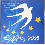 Evropa - sady oběhových mincí, Řecko. 1c. - 2 € 2003. Součástí sady je 10 € 2003 Předsednictví Řecka v EU. Ag 925/000 ...