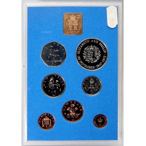Evropa - sady oběhových mincí, Velká Británie. 1/2 p. - 50 p. 1972. 25 pence na svatbu Alžběty II. a prince Philipa...