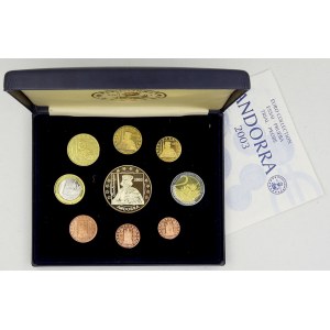 Evropa - sady oběhových mincí, Země EURO zóny. Andorra. Sada návrhů euro-mincí 2003 (PROBE) 1 c. - 5 €, orig. etue...