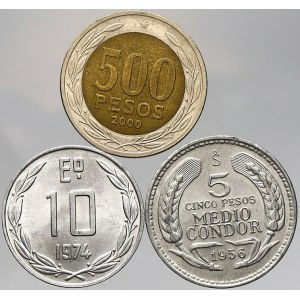 Chile , 500 pesos 2000, 10 escudos 1974, 5 pesos 1956 (skvrna). KM-235, 200, 180