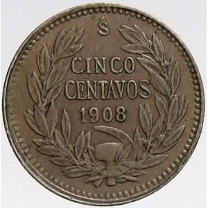 Chile, 5 centavos 1908. KM-155.2a