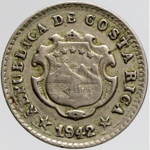 Kostarika, 5 centimos 1942. Přeražba na 2 centimos 1904