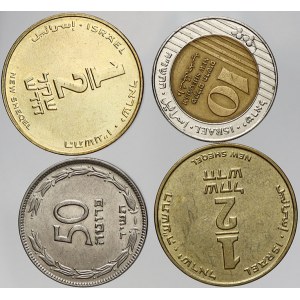 Israel, 50 prutot 1949 (bez perly), 10 n. šekel 205, ½ n. šekel 2015, 2016. KM-13.1, 270, 159