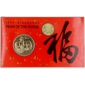 Singapur, 1 dollar 1989. KM-54b. Bankovka 1 dollar b.d. (1987). Pick-18. Žeton1990 (rok koně, 39 mm)...