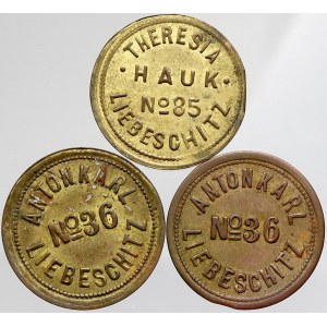 chmelové známky, Liebeschitz (Liběšice, okr. Louny). Teresia Hauk, hodnota ¼. Mosaz 21 mm. Anton Karl, hodnota ¼...