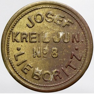 chmelové známky, Lieboritz (Libořice, okr. Louny). Josef Krel jun., hodnota ¼. Mosaz 21 mm. Cajt....