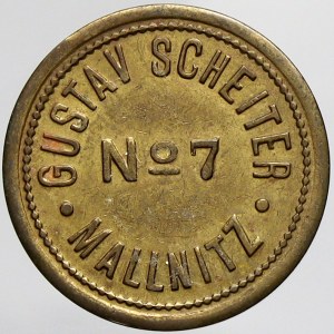 chmelové známky, Mallnitz (Malnice, okr. Louny). Gustav Scheiter, hodnota ¼. Mosaz 21 mm. Cajt....