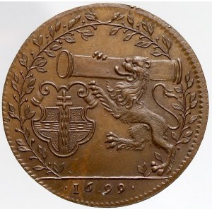staré zahraniční tokeny, Belgie - Ypres (Ypry). Městský token 1700. Městský znak, lev nesoucí sloup, letopočet 1699 ...
