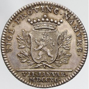 staré zahraniční tokeny, Belgie - Namur. Oslava návratu svobody 1790. Nápisy / korunovaný znak, opis a nápis...