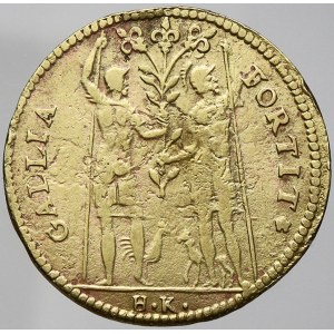 staré zahraniční tokeny, Německo. Norimberský žeton b.l. (cca 1586-1611) GALLIA FORTIT. Dvě postavy u stromku, dole zn...