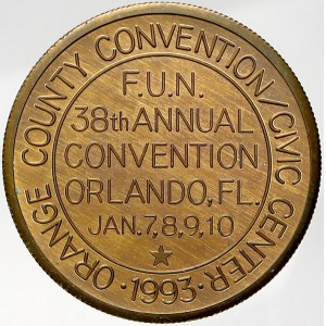 zahraniční numismatické ražby, USA. Florida United Numismatists. 38. konference 7.-10.1.1993, Orlando, Fl. Nápis, opis ...