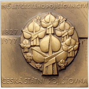 Kolářský Zdeněk, 150. výročí českého pojišťovnictví 1977. Kruh s lipovými trojlístky (logo pojišťovny), nápisy ...