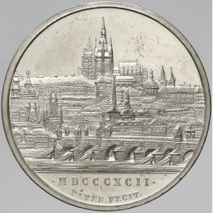 Pátek Karel, Dokončení opravy protrženého Karlova mostu v Praze 1892. Poškozený most, opisy a nápisy / opravený most...
