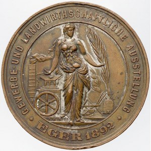 Cheb, Hospodářská a průmyslová výstava v Chebu 1892. Znak města Chebu / personifikace průmyslu, opis...