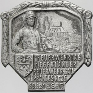 Cheb, Sjezd dobrovolných hasičů v Chebu z chebska a okolí. 29.5.1921. Hliník 36 x 36 mm, spona