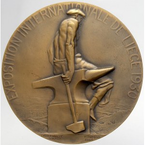 evropské medaile, Belgie. Mezinárodní výstava v Lutychu 1930. Kovář na kovadlině / most s dominantami města. Sign...