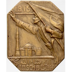 evropské medaile, Rakousko. Vstup Turecka do 1. světové války 1915. Muž s tureckou vlajkou, mešita, nápisy. Sign. H...