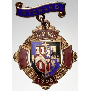 Velká Británie - zednáří, Zednářský odznak skupiny R.M.I.G. pro rok 1958. Mosaz, smalty...