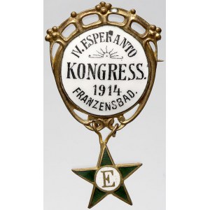 Esperanto, Odznak na IV. kongres esperantistů ve Františkových Lázních 1914 s přívěskem ve tvaru hvězdy. Mosaz, smalt...
