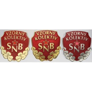 odznaky SNB, VB a Policie, Odznak Vzorný kolektiv SNB - zlatý, stříbrný, bronzový. Elox. Al, 2x šroub s matkou...