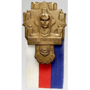 sportovní odznaky, Slet sokolstva, Praha 1912. Bronz, spona, stužka (trikolora)