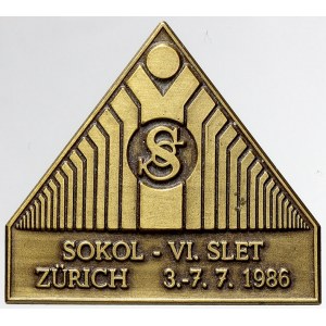 sportovní odznaky, VI. slet Sokola, Zürich 3.-7.7.1986. Mosaz, spona