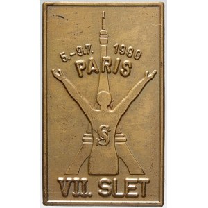 sportovní odznaky, VII. slet Sokola, Paris 5.-9.7.1990. Mosaz, spona