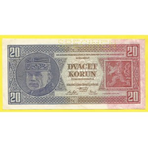 ČSR 1919 - 1938, 20 Kč 1926, s. Eg. H-21c2S2, perf. SPECIMEN z rubu, dr. stopy po nalepení