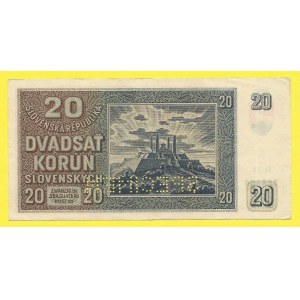 Slovensko 1939 - 1945, 20 Ks 1939, s. Ij18. H-50bS2. perf. SPECIMEN