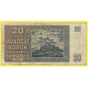 Slovensko 1939 - 1945, 20 Ks 1939, s. Gf62. H-50a2S1. perf. SPECIMEN. stopy po nalepení