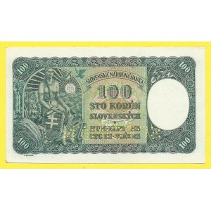 Slovensko 1939 - 1945, 100 Ks 1940, s. G9 . H-51a1S2. perf. SPECIMEN
