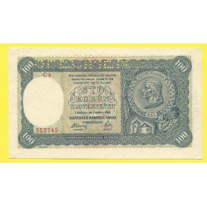 Slovensko 1939 - 1945, 100 Ks 1940, s. C6. H-52a1S1. perf. SPECIMEN, drobné stopy lepu