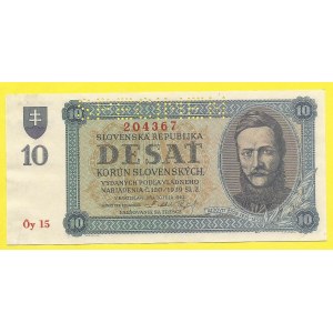 Slovensko 1939 - 1945, 10 Ks 1943, s. Oy15. H-58a2S1A. perf. SPECIMEN. dr. stopy po nalepení