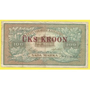 Zahraniční platidla, Estonsko. 1 kroone (1928) přetisk na 100 marka 1923, s. A. Pick-61b