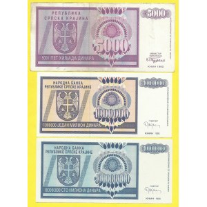 Zahraniční platidla, Knin. 5.000, 1.000.000, 100.000.000 dinar 1992-3. Bar.-H294, 298, 303