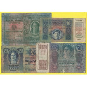 Soubory bankovek, Česko. 10 K 1915/19, s. 1073, 20 K 1913/19 , s. ..98, 50 K 1914/19, s. 1026, 100 K 1912/19, s. 2165...