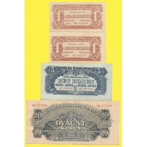 Soubory bankovek, 1, 1, 5, 20 K 1944, s. CE, MB, AT, AM. H-61a1, 62a, 63a. 1x posunutý ořez