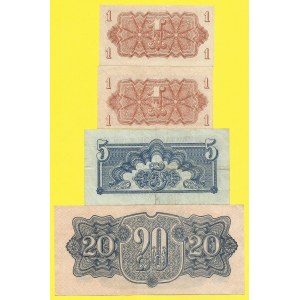 Soubory bankovek, 1, 1, 5, 20 K 1944, s. CE, MB, AT, AM. H-61a1, 62a, 63a. 1x posunutý ořez