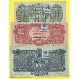 Soubory bankovek, 100, 500, 1000 K 1944/(45), s. OA, AM, AA. H-71a2S1, 72aS1, 73aS1. perf. SPECIMEN...