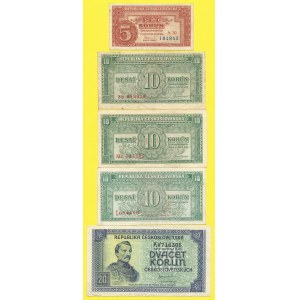 Soubory bankovek, 10, 20 Kčs (1945), 5 Kčs 1949, 10 Kčs 1950. s. YV, KV, A30, Zb, Mc. H-76a1, 77aS2, 89a2, 92b...