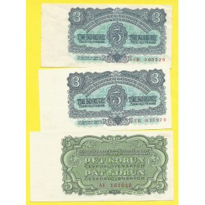 Soubory bankovek, 3, 3, 5 Kčs 1961, s. JR, TU, AE. H-107a, 107aS1, 108aS1. perf. 3m.d. dr. st...
