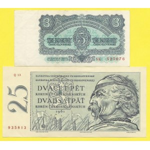 Soubory bankovek, 3, 25 Kčs 1961, s. SK, Q13. H-107a, 109bS1. 25 perf. 3 m.d.