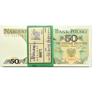 Polska, PRL, paczka bankowa 50 złotych 1988, Warszawa, seria HZ, super numery!