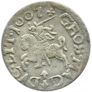 Sigismund III. Vasa, Pfennig 1607, Vilnius, GROSSER KOPF DES KÖNIGS