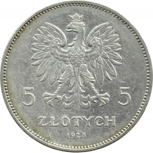 Polen, Zweite Republik, 5 Zloty 1928 Nike, Brüssel, Sorte ohne Münzzeichen