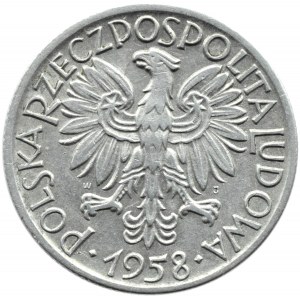 Polen, Polnische Volksrepublik, Rybak, 5 Zloty 1958, Warschau, schmale Acht, Sunczko